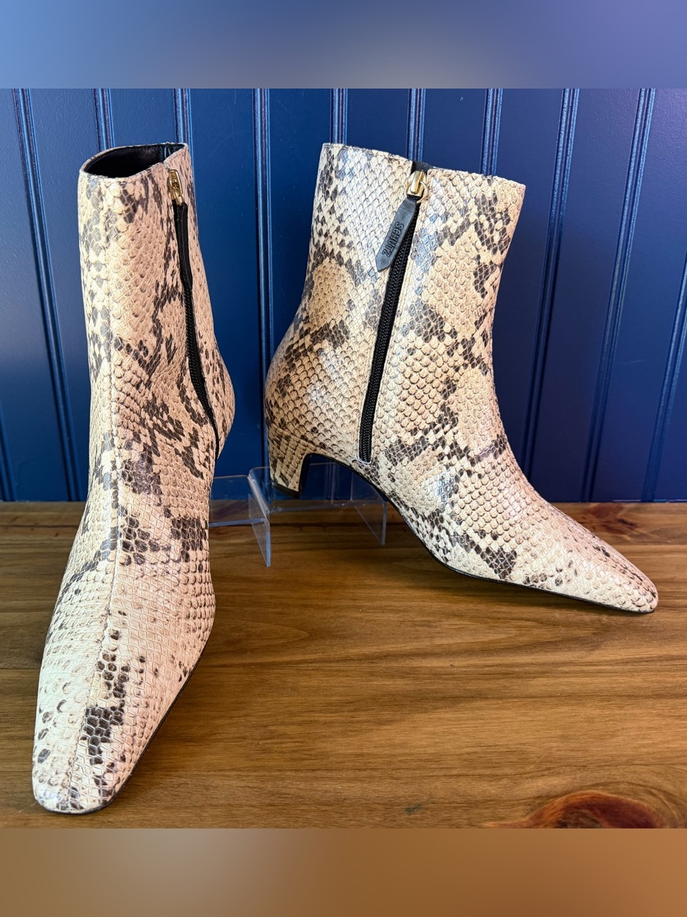 SCHUTZ Dellia Snake Print Leather Ankle Boots Natural Size 7.5 NIB